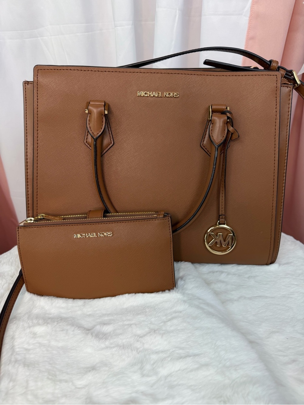 Michael Kors Saffiano Leather Satchel and Wristlet in Brown